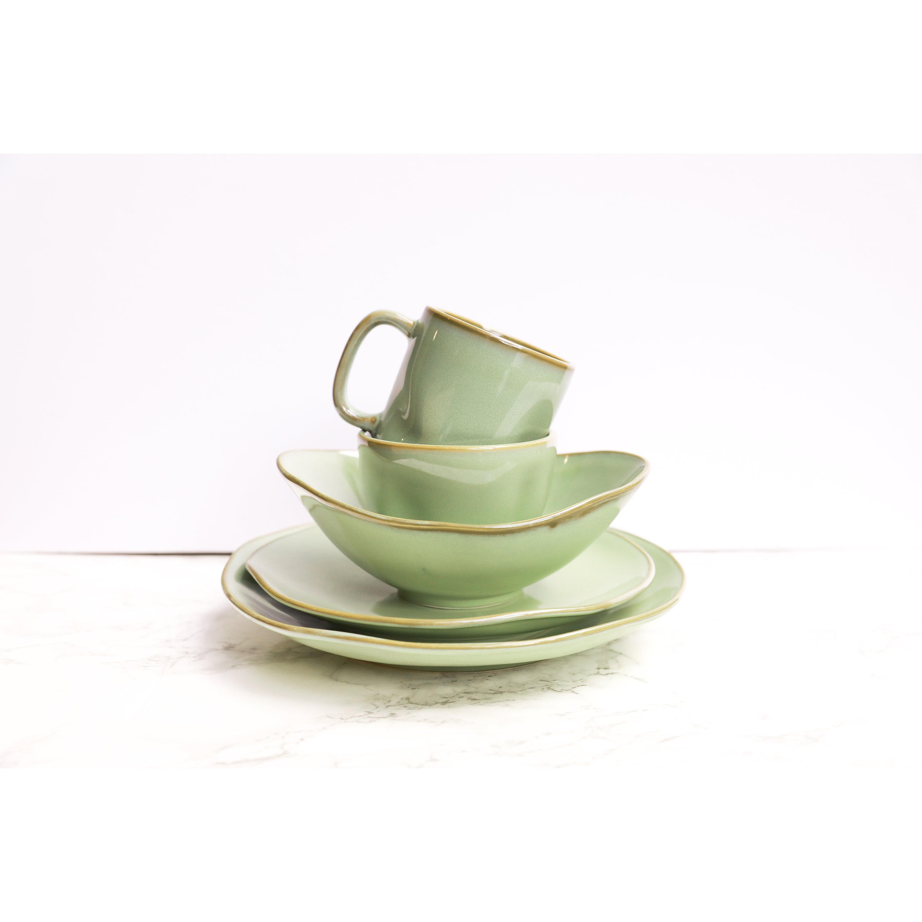 Artisan 5-Piece Place Setting featuring a big plate, small plate, angled bowl, mini bowl, and stackable mug in various colors.