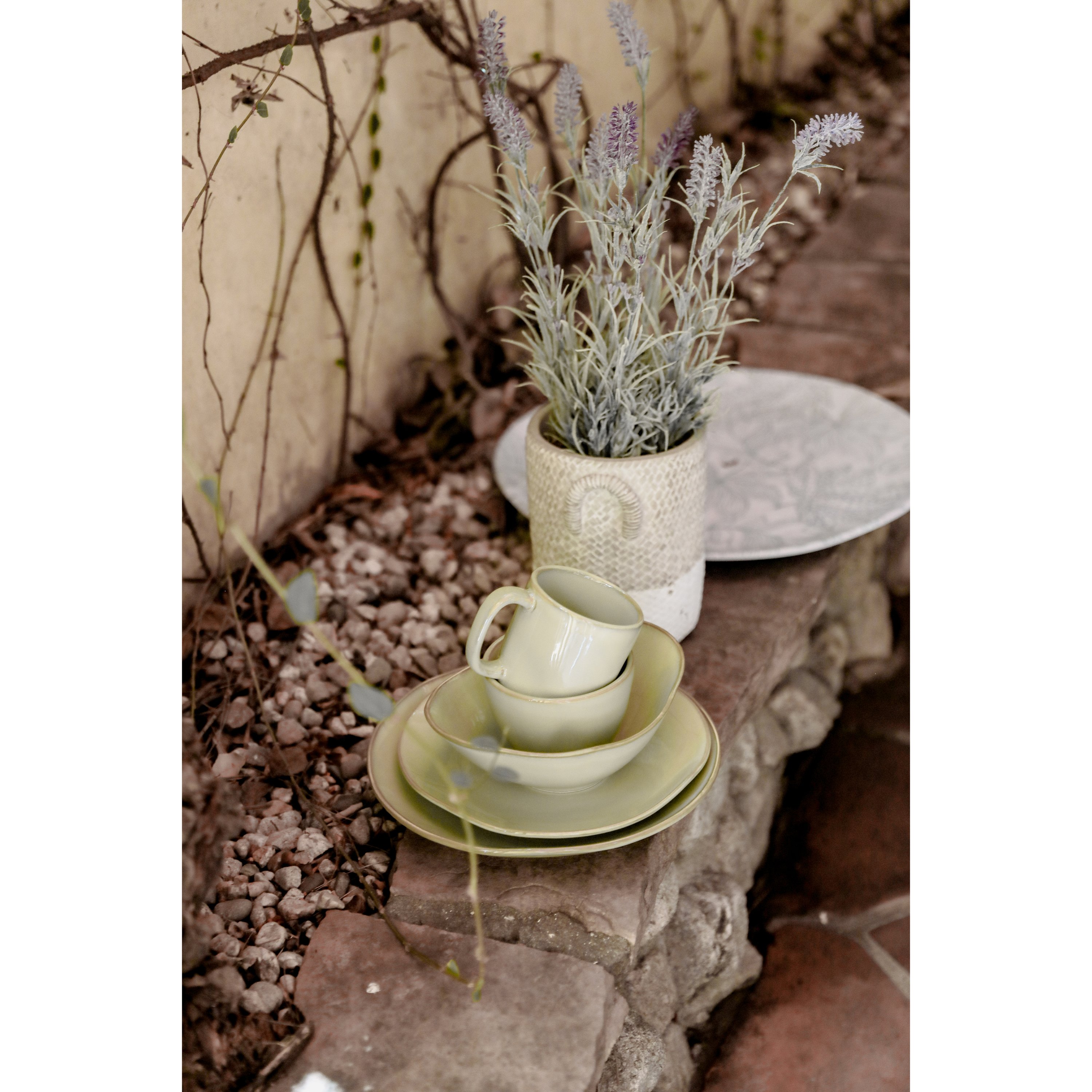 Artisan 5-Piece Place Setting featuring a big plate, small plate, angled bowl, mini bowl, and stackable mug in various colors.