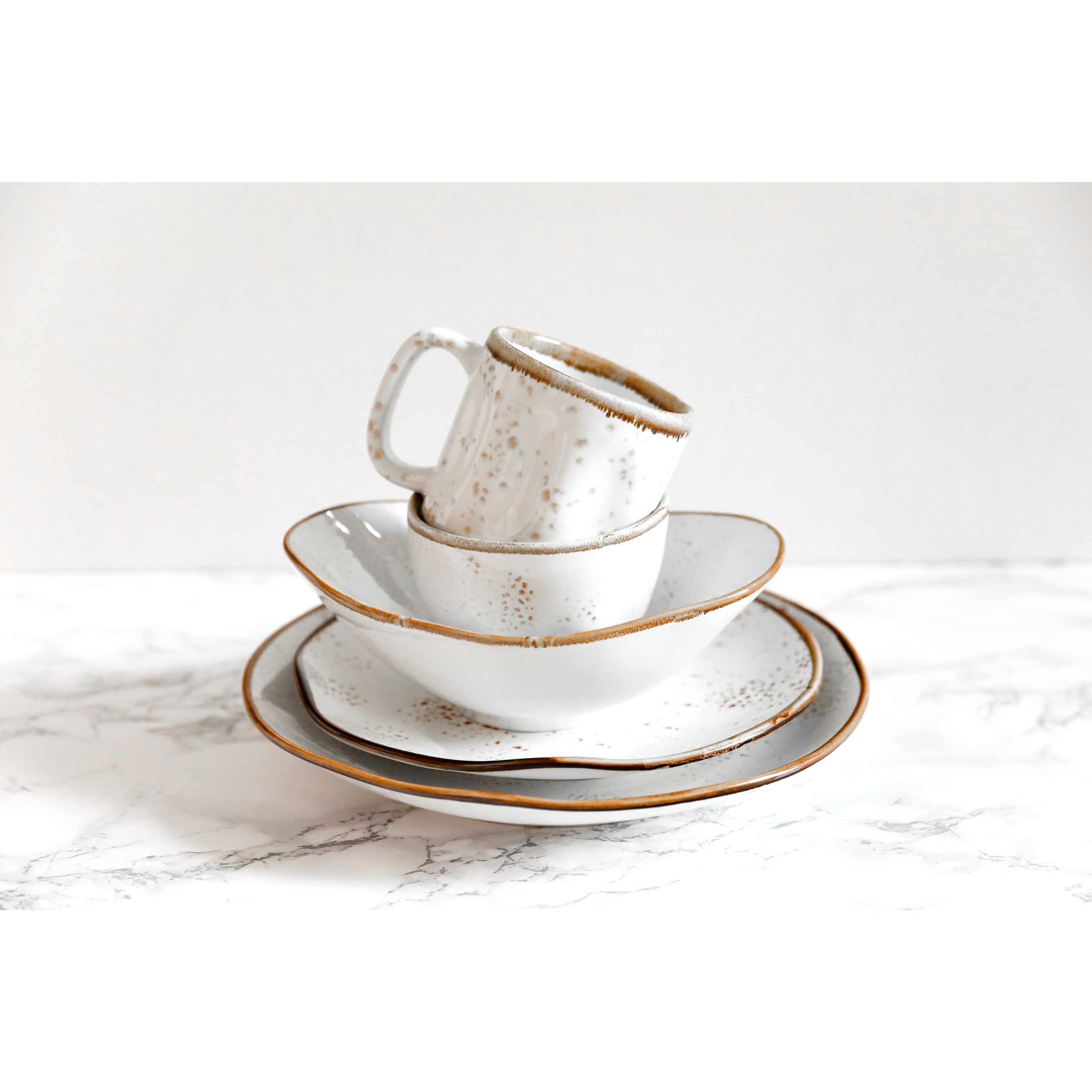 Artisan 5-Piece Place Setting featuring a big plate, small plate, angled bowl, mini bowl, and stackable mug in various colors.