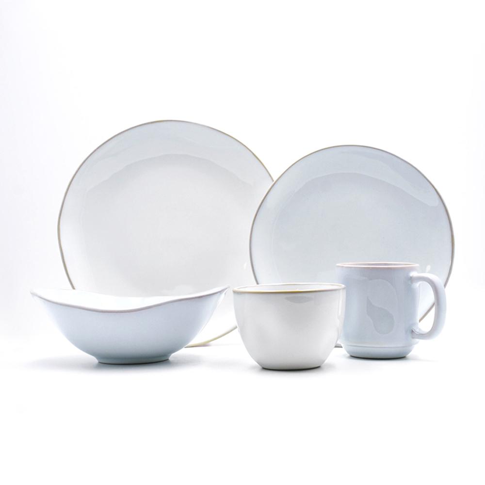 Artisan 5-Piece Place Setting featuring a big plate, small plate, angled bowl, mini bowl, and stackable mug in various colors.