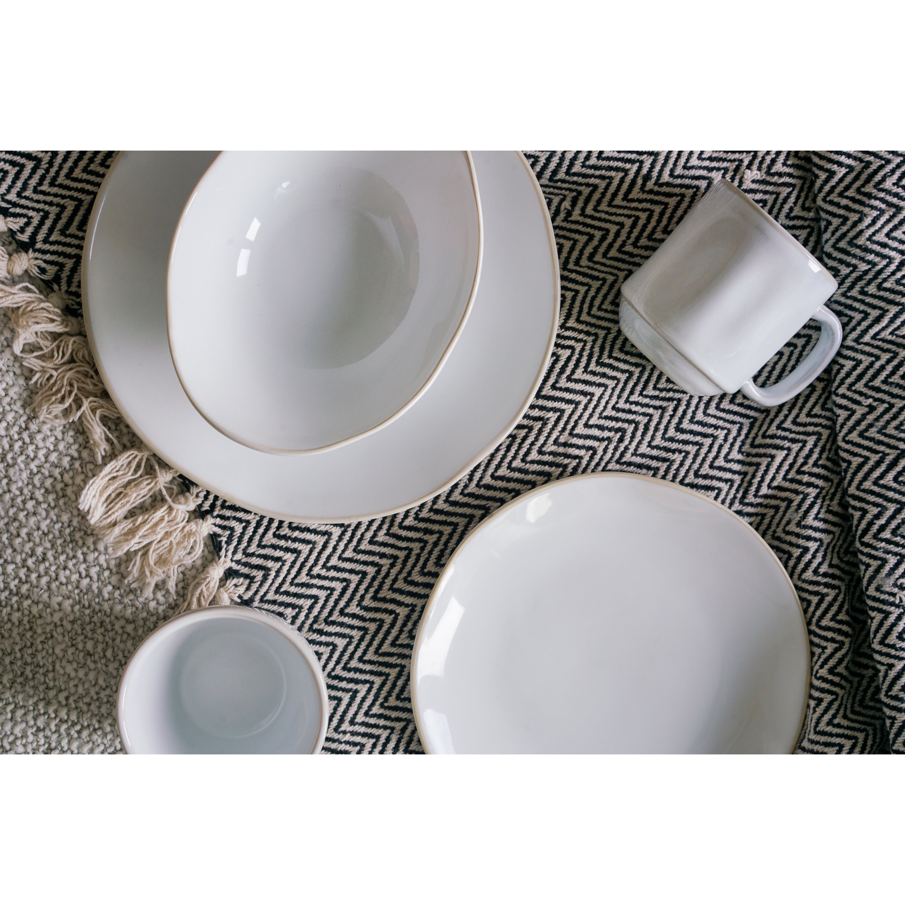 Artisan 5-Piece Place Setting featuring a big plate, small plate, angled bowl, mini bowl, and stackable mug in various colors.