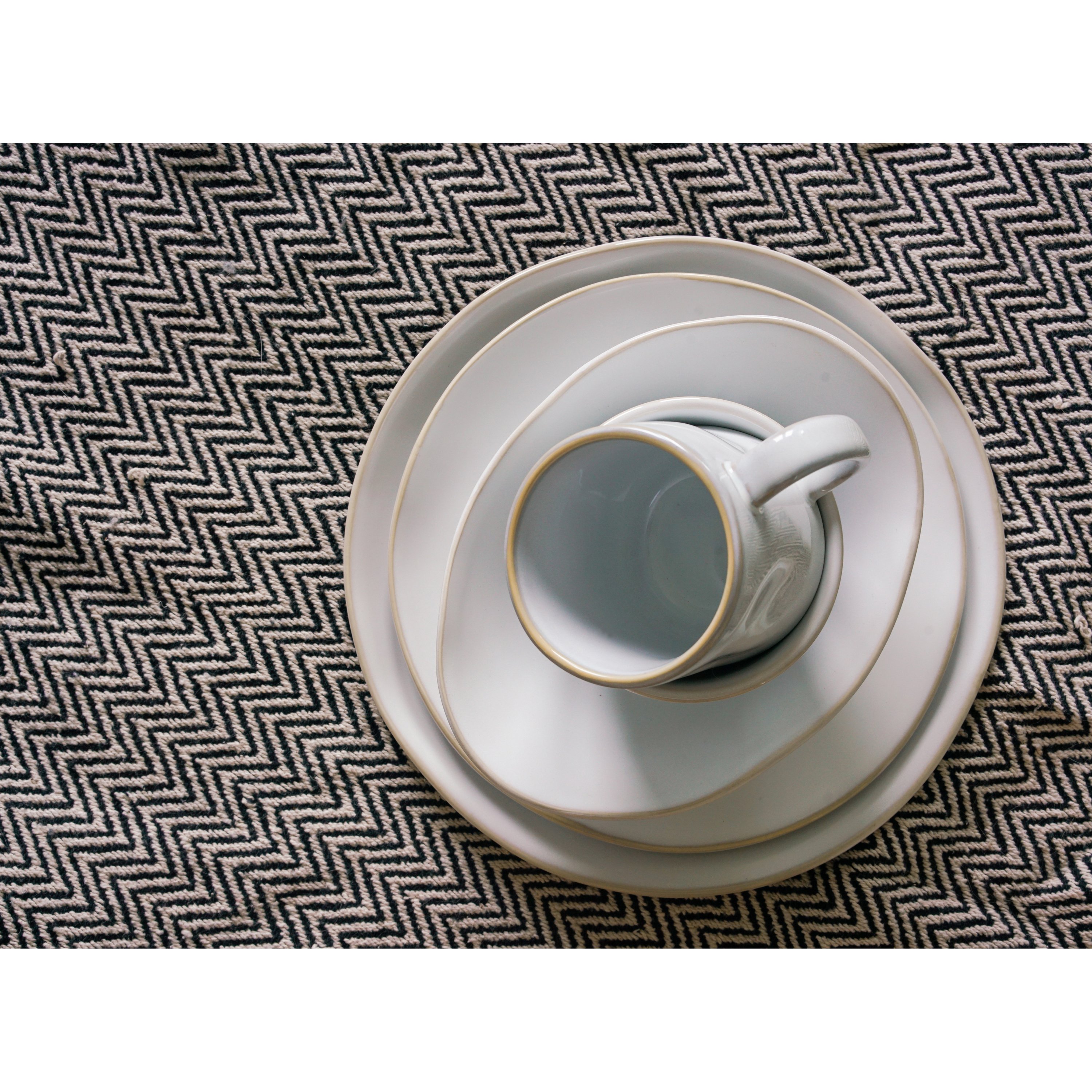 Artisan 5-Piece Place Setting featuring a big plate, small plate, angled bowl, mini bowl, and stackable mug in various colors.