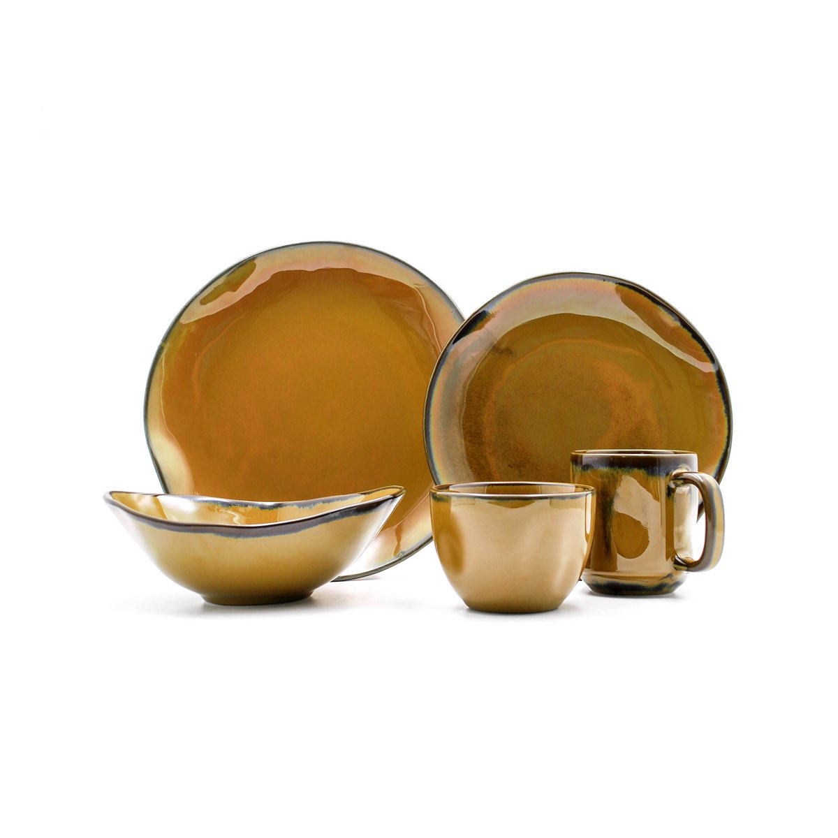 Artisan 5-Piece Place Setting featuring a big plate, small plate, angled bowl, mini bowl, and stackable mug in various colors.