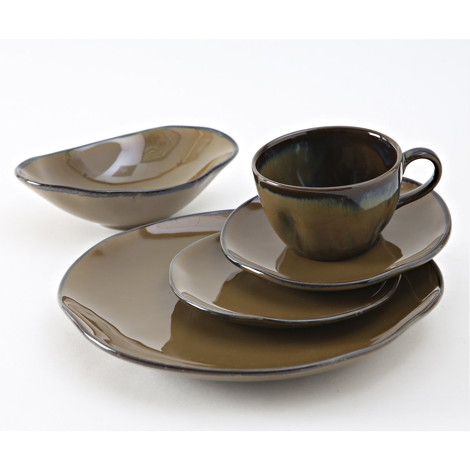 Artisan 5-Piece Place Setting featuring a big plate, small plate, angled bowl, mini bowl, and stackable mug in various colors.