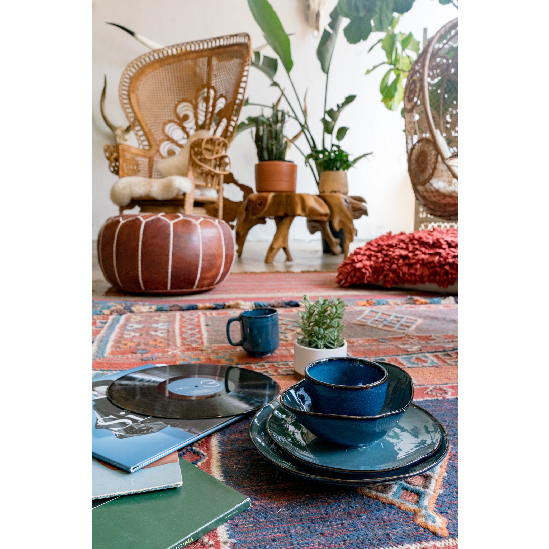 Artisan 5-Piece Place Setting featuring a big plate, small plate, angled bowl, mini bowl, and stackable mug in various colors.