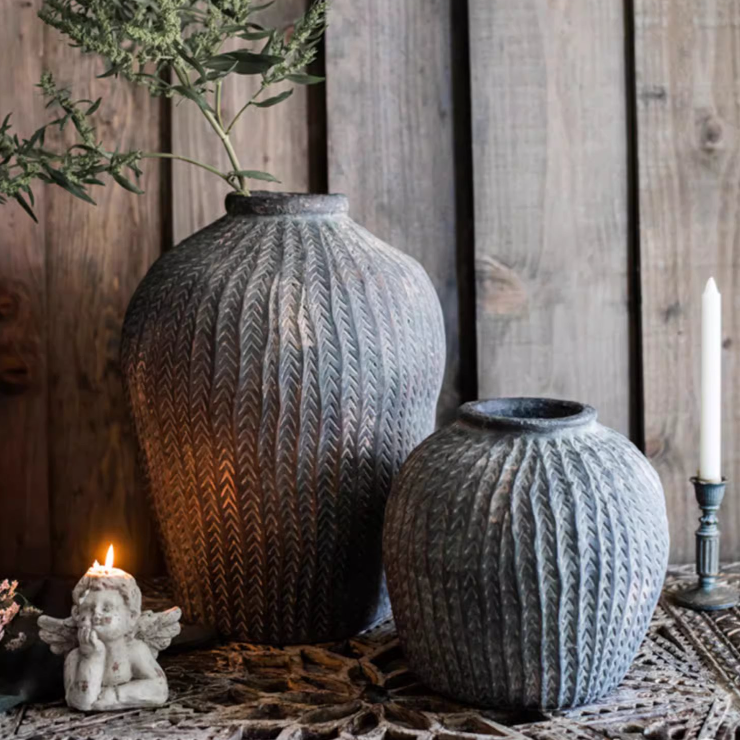 Artisan Handcrafted Antique Vase in gray concrete, showcasing its elegant design and sturdy construction.