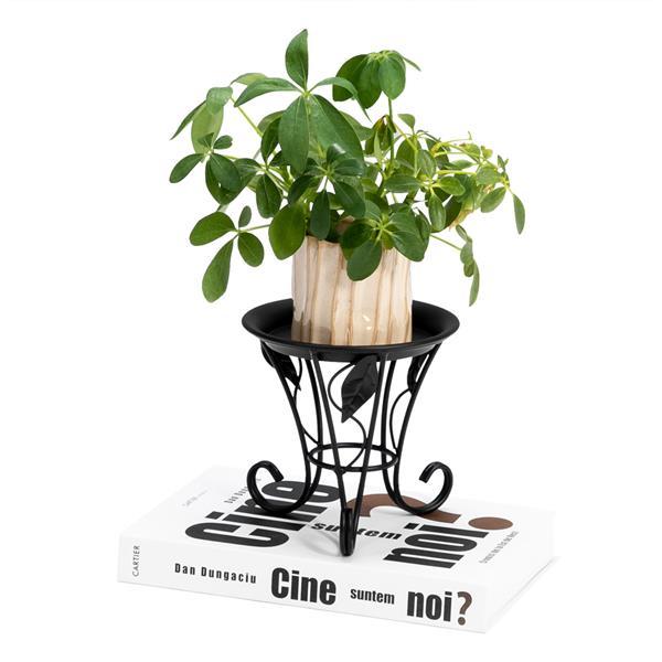 Artisasset 5.3Inch Plate Mini Paint Iron Plant Stand in black, showcasing a potted plant elegantly on a compact metal frame.