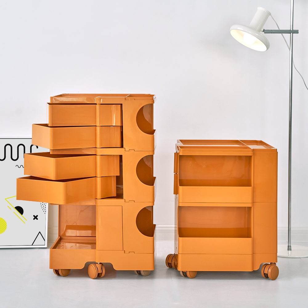 ArtissIn Replica Boby Trolley in vibrant orange with multiple shelves and wheels, showcasing modern design and functionality.