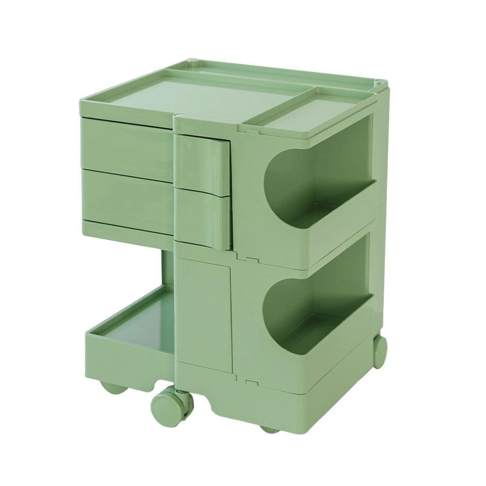 ArtissIn Green 3-Tier Bedside Table Storage Trolley with fold-out shelves and wheels, showcasing its stylish design and practical storage features.