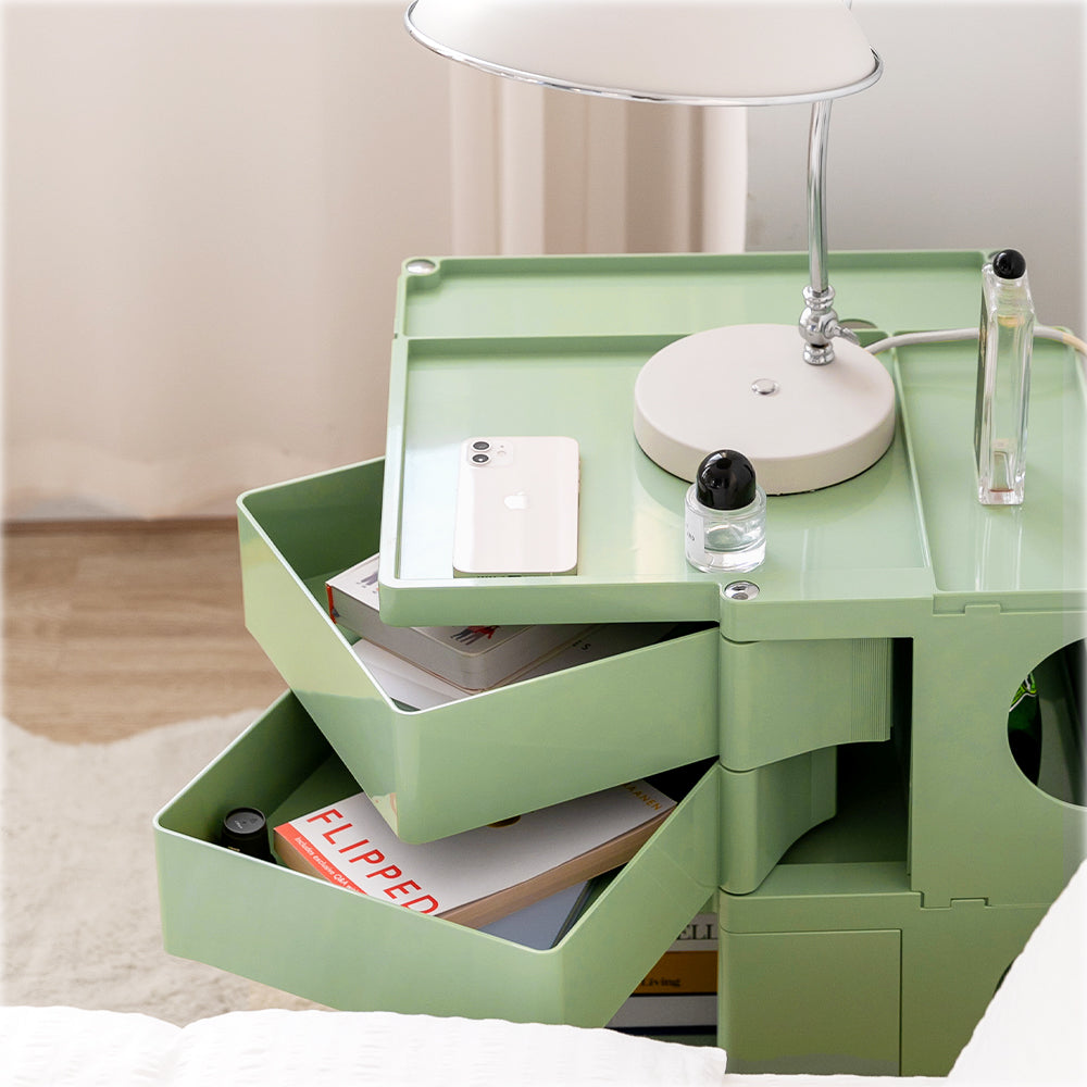 ArtissIn Green 3-Tier Bedside Table Storage Trolley with fold-out shelves and wheels, showcasing its stylish design and practical storage features.