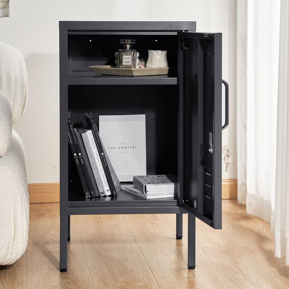 ArtissIn Metal Locker Storage Shelf in black, featuring adjustable shelves and a sleek design, perfect for bedside or office use.