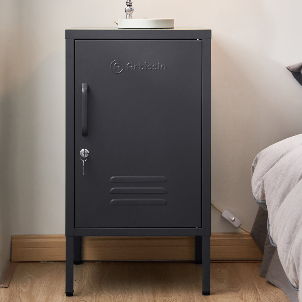 ArtissIn Metal Locker Storage Shelf in black, featuring adjustable shelves and a sleek design, perfect for bedside or office use.