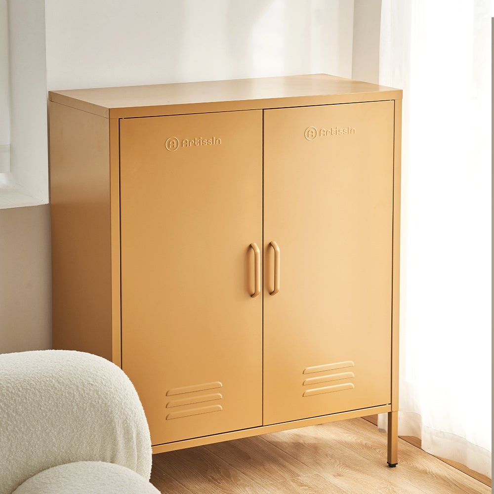 ArtissIn Sweetheart Metal Locker in vibrant yellow, featuring adjustable shelves and a stylish design, perfect for storage and organization.