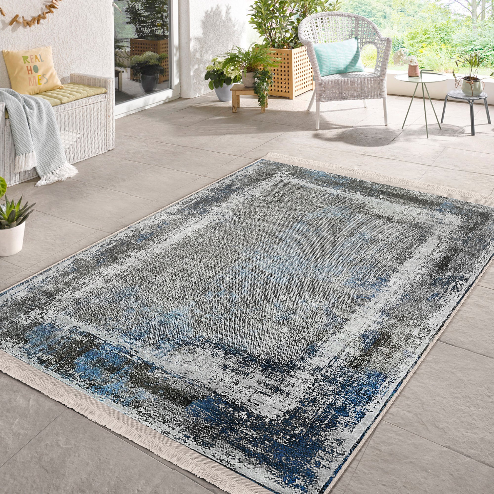 Artistic Scrollwork Classic Rug featuring elegant scroll patterns and fringes, made from durable cotton and polyester blend.