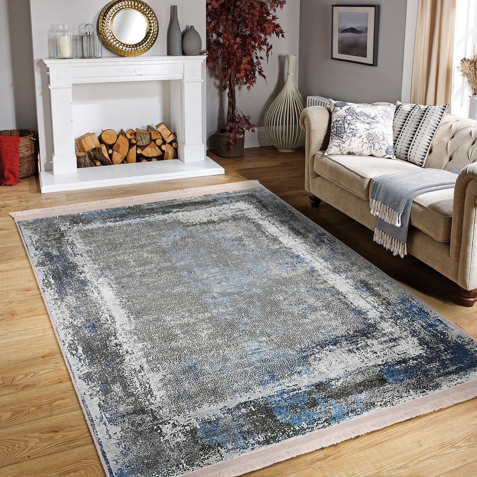 Artistic Scrollwork Classic Rug featuring elegant scroll patterns and fringes, made from durable cotton and polyester blend.