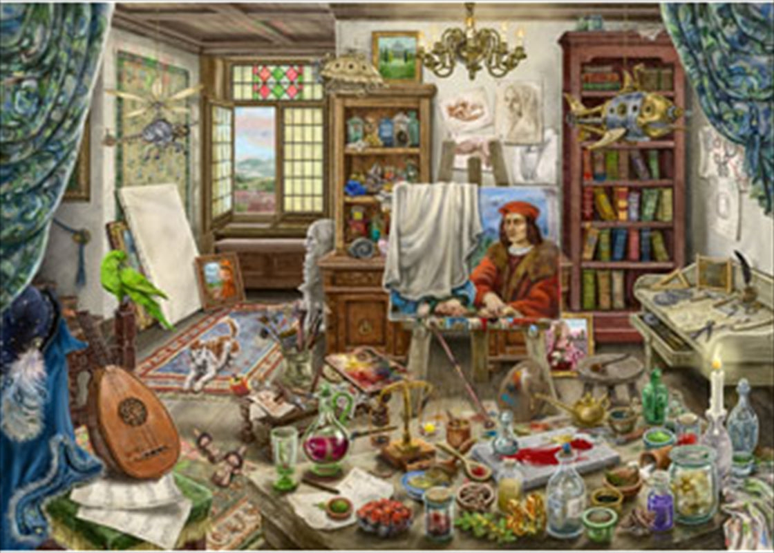 A vibrant 759 piece puzzle depicting an artist's studio filled with colorful art supplies and creative elements.