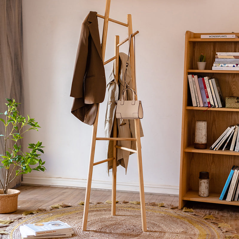 Elegant Ash Wood Coat Rack standing tall, showcasing natural wood grain and design, perfect for entryways.