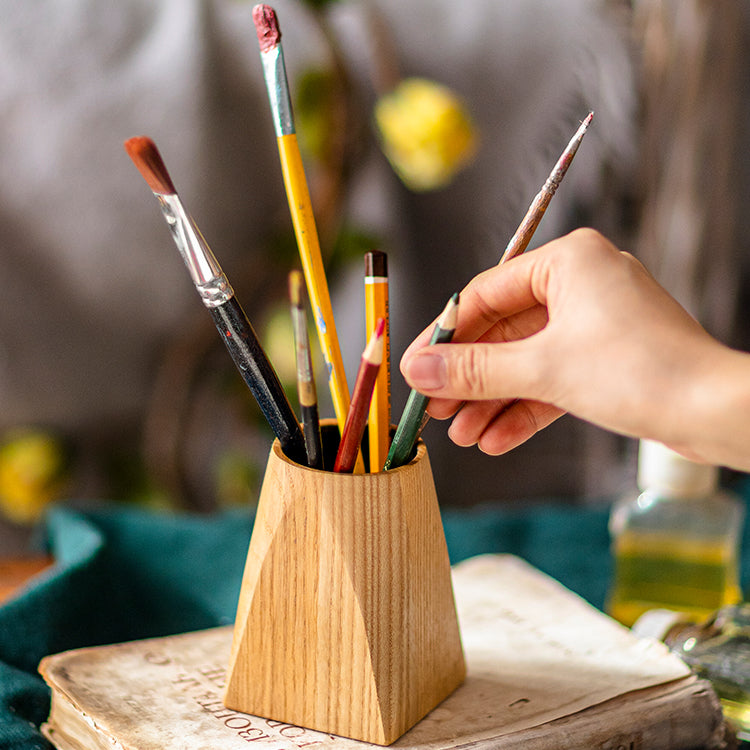 Ash Wood Desktop Pen Holder made from solid FAS Grade White Ash, featuring a natural khaki color and handcrafted design.