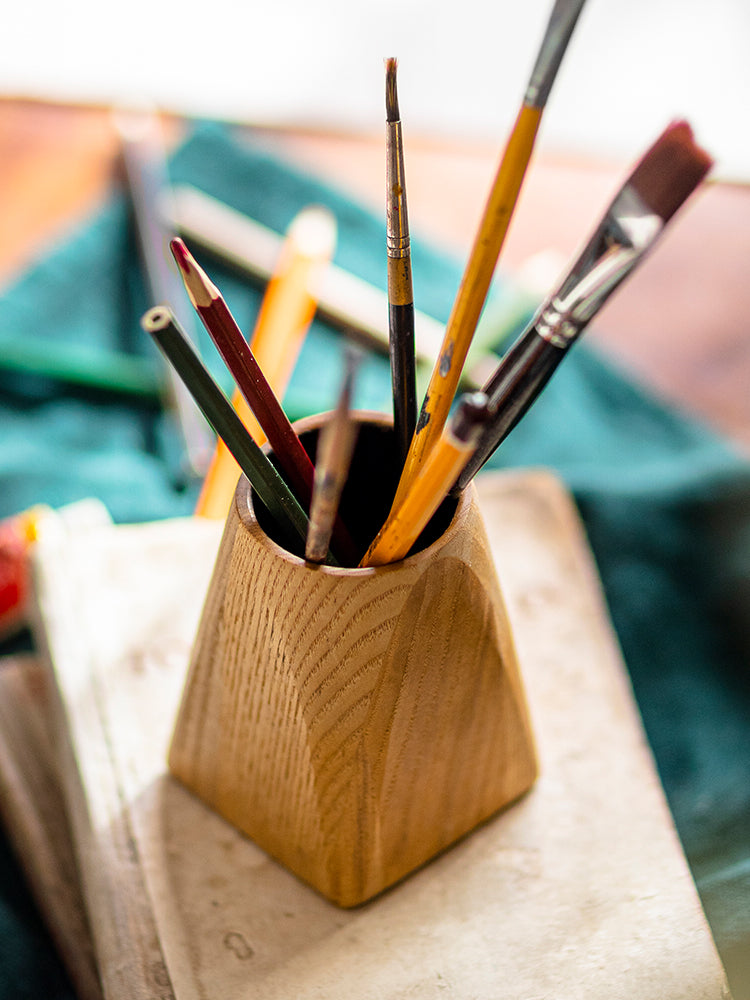 Ash Wood Desktop Pen Holder made from solid FAS Grade White Ash, featuring a natural khaki color and handcrafted design.