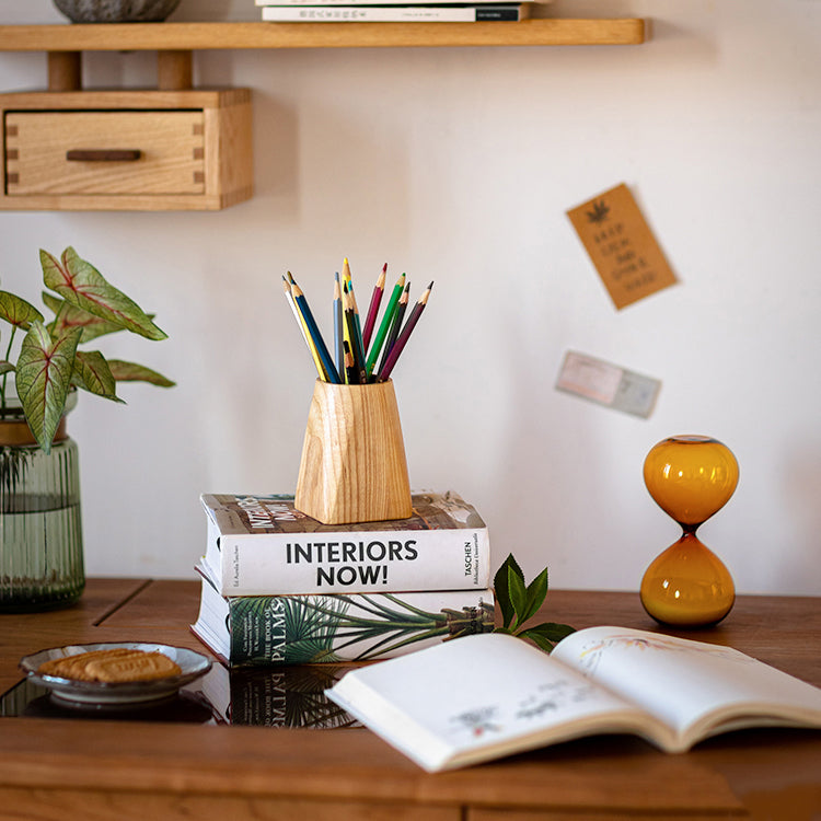 Ash Wood Desktop Pen Holder made from solid FAS Grade White Ash, featuring a natural khaki color and handcrafted design.