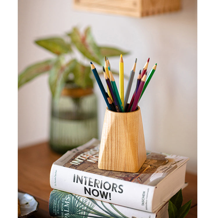 Ash Wood Desktop Pen Holder made from solid FAS Grade White Ash, featuring a natural khaki color and handcrafted design.