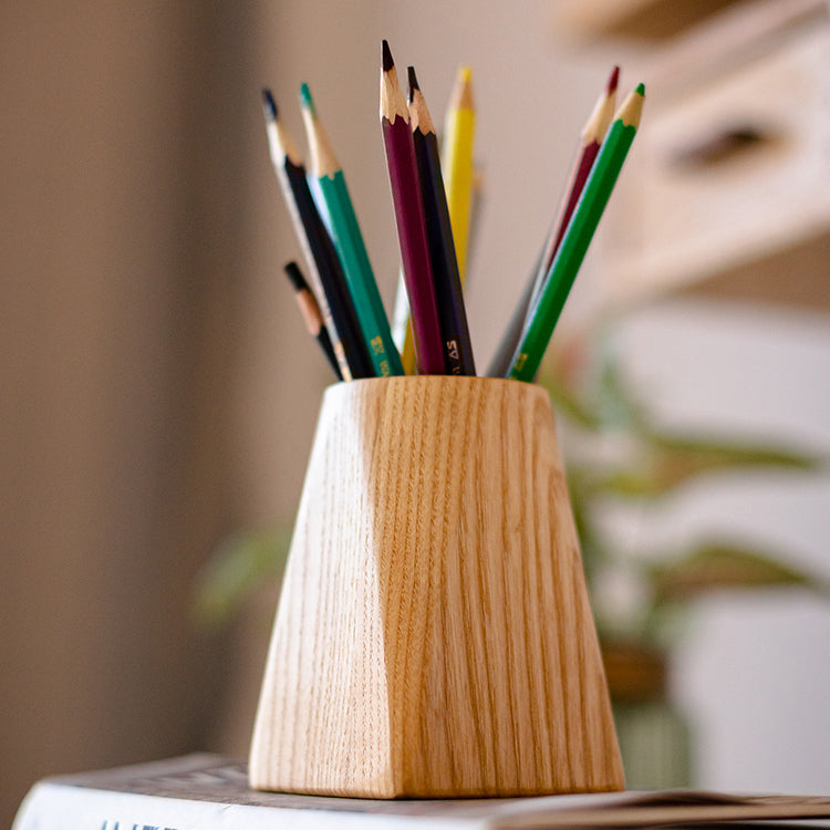 Ash Wood Desktop Pen Holder made from solid FAS Grade White Ash, featuring a natural khaki color and handcrafted design.