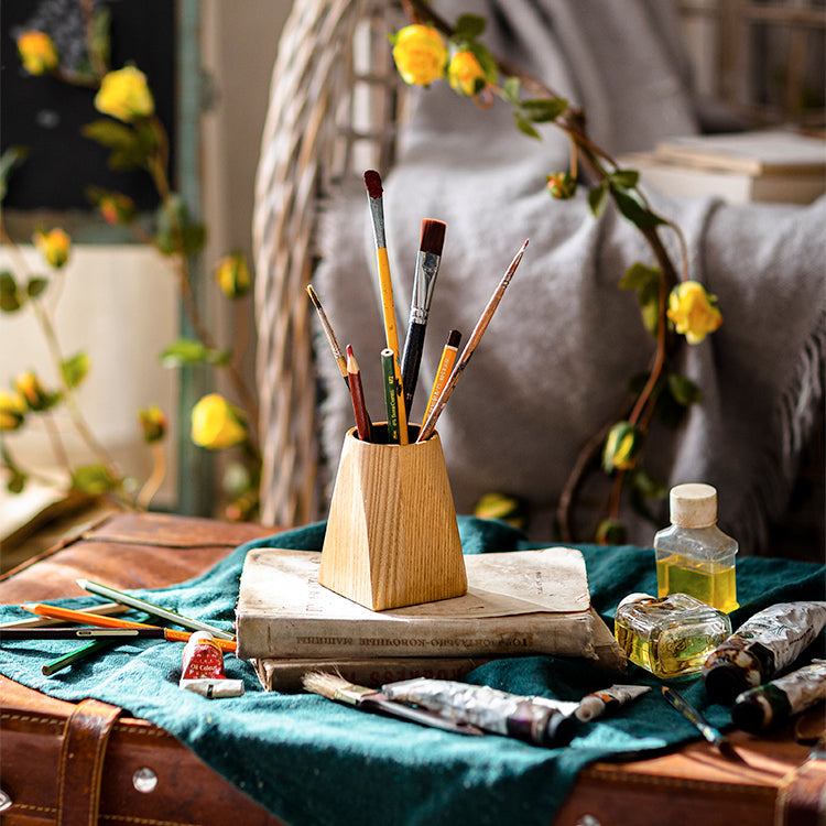 Ash Wood Desktop Pen Holder made from solid FAS Grade White Ash, featuring a natural khaki color and handcrafted design.