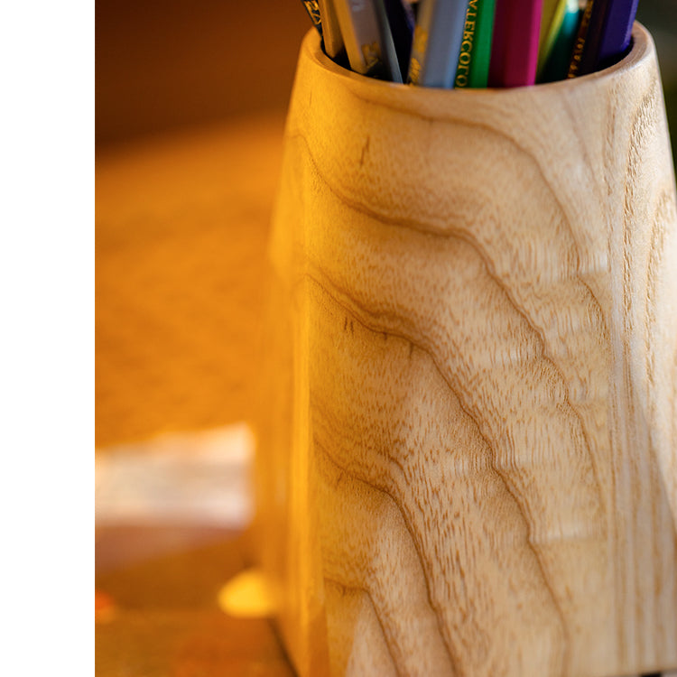 Ash Wood Desktop Pen Holder made from solid FAS Grade White Ash, featuring a natural khaki color and handcrafted design.