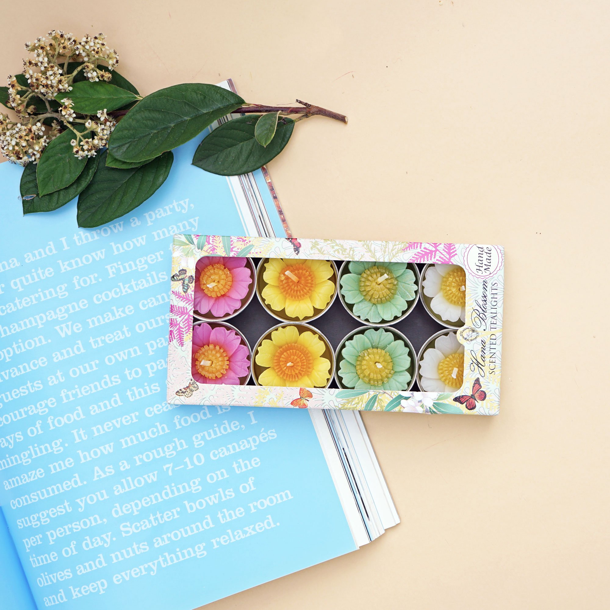 A set of Assorted Primrose Scented Tealights in a botanic garden printed box, showcasing their heart-shaped petals and vibrant colors.