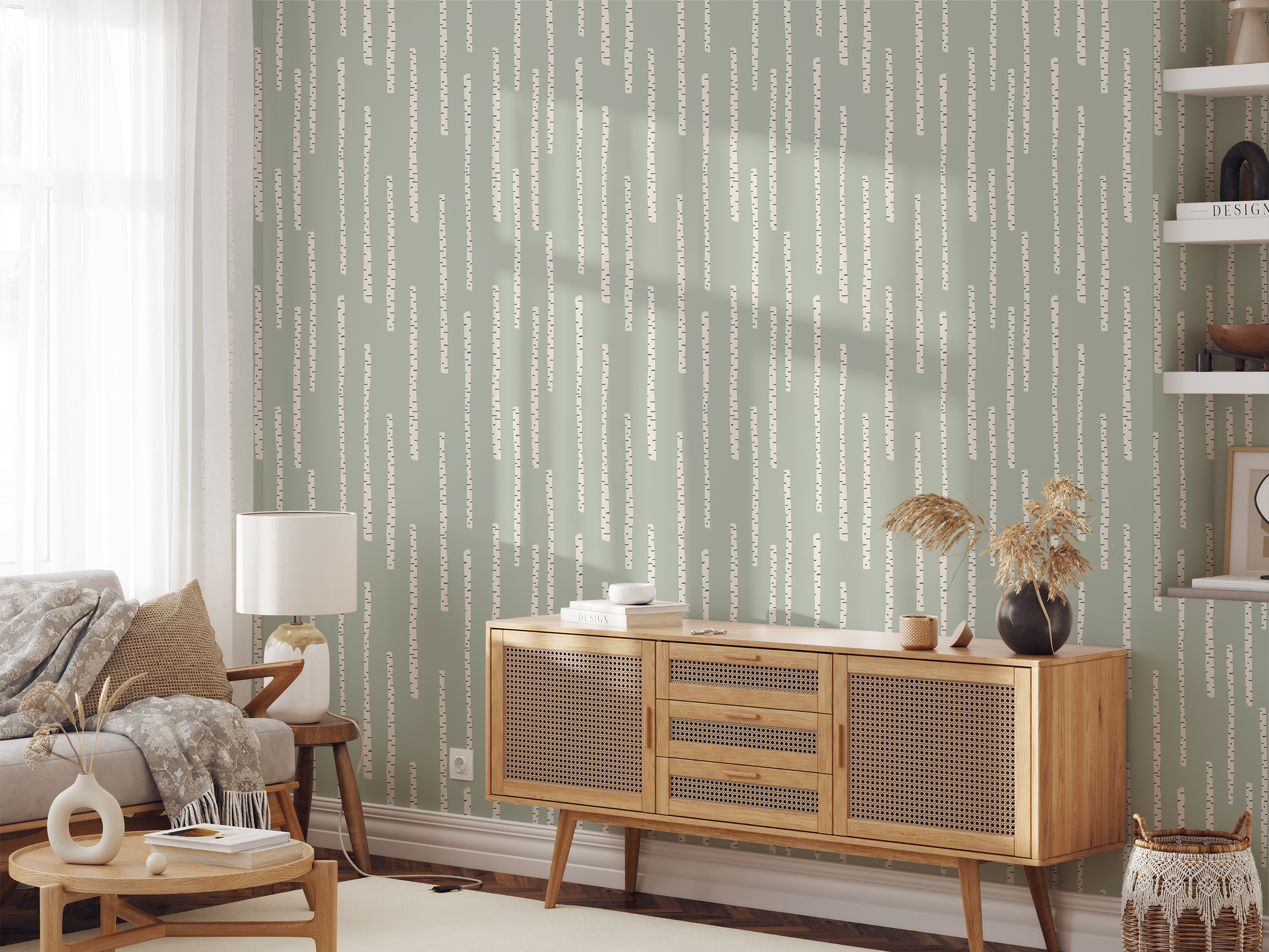 Aspen Forest (Mint) Wallpaper featuring a modern forest design in vibrant mint color, perfect for home decor.