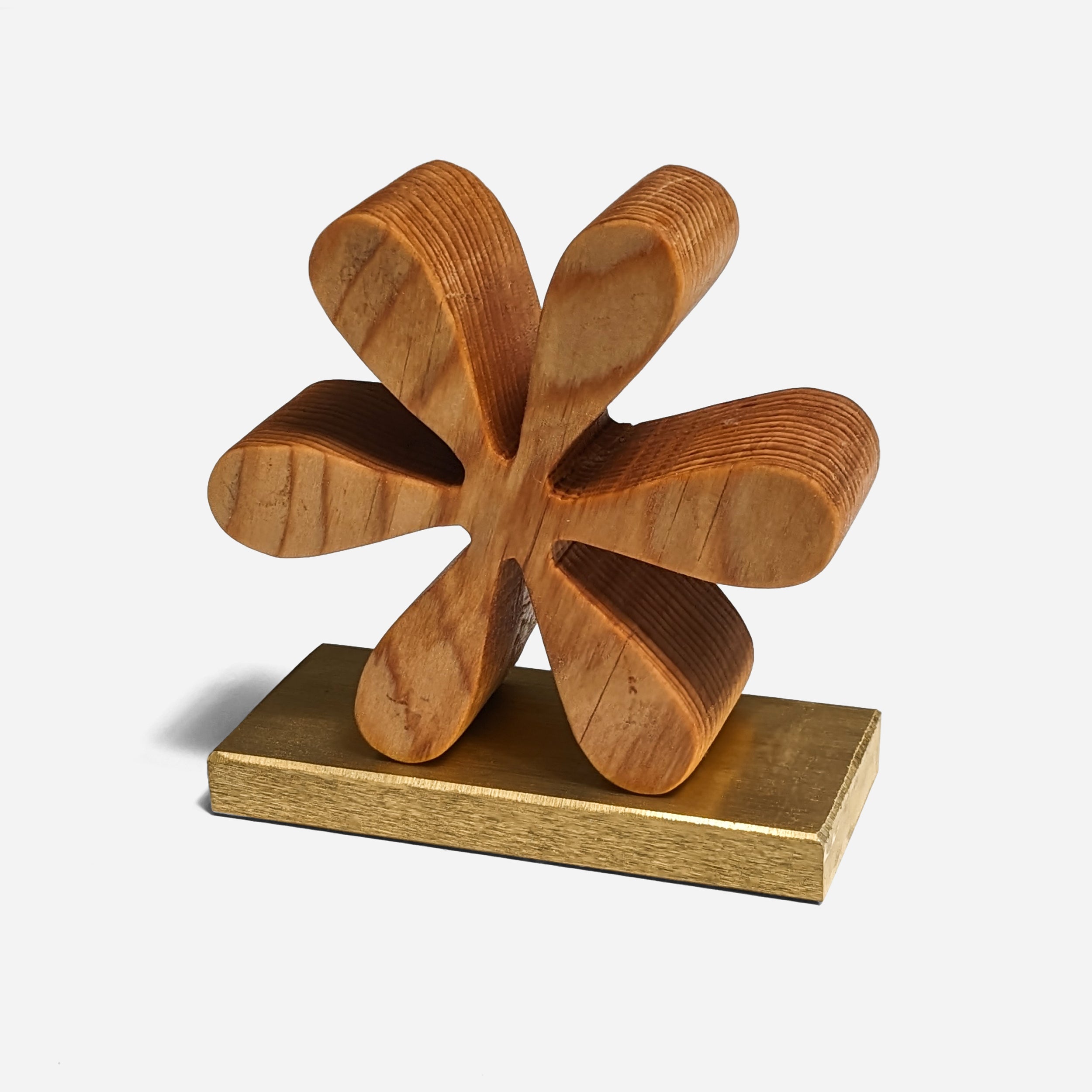 Asterisk bookends made of reclaimed wood with a natural finish, showcasing unique color variations and elegant brass accents.