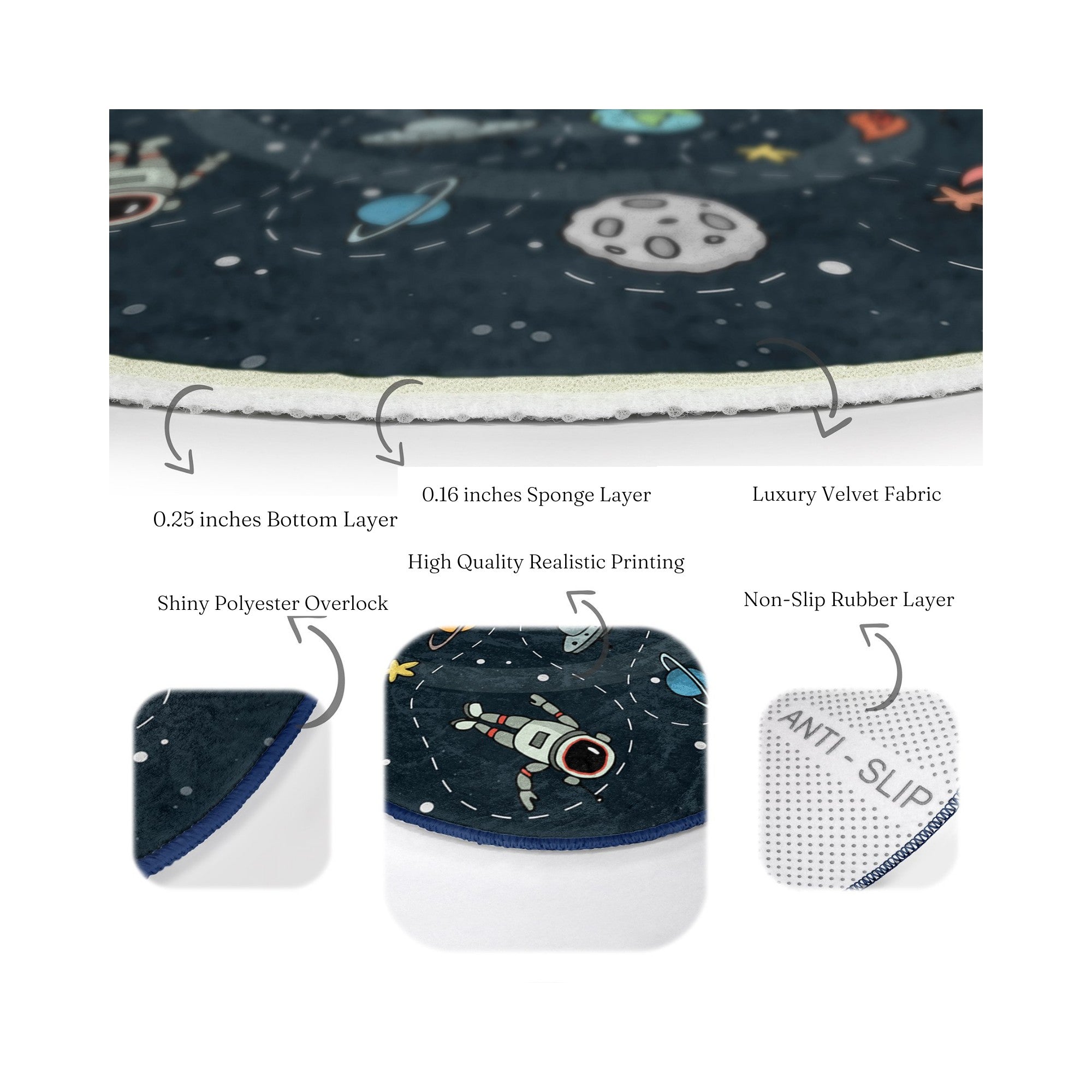 A colorful round rug featuring playful astronauts and space rockets, designed for kids' rooms, showcasing a soft velvet texture.