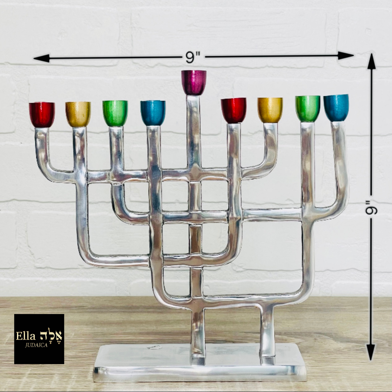 Stylish Asymmetric Menorah made of aluminum with nickel plating, featuring a modern design in silver and blue colors.