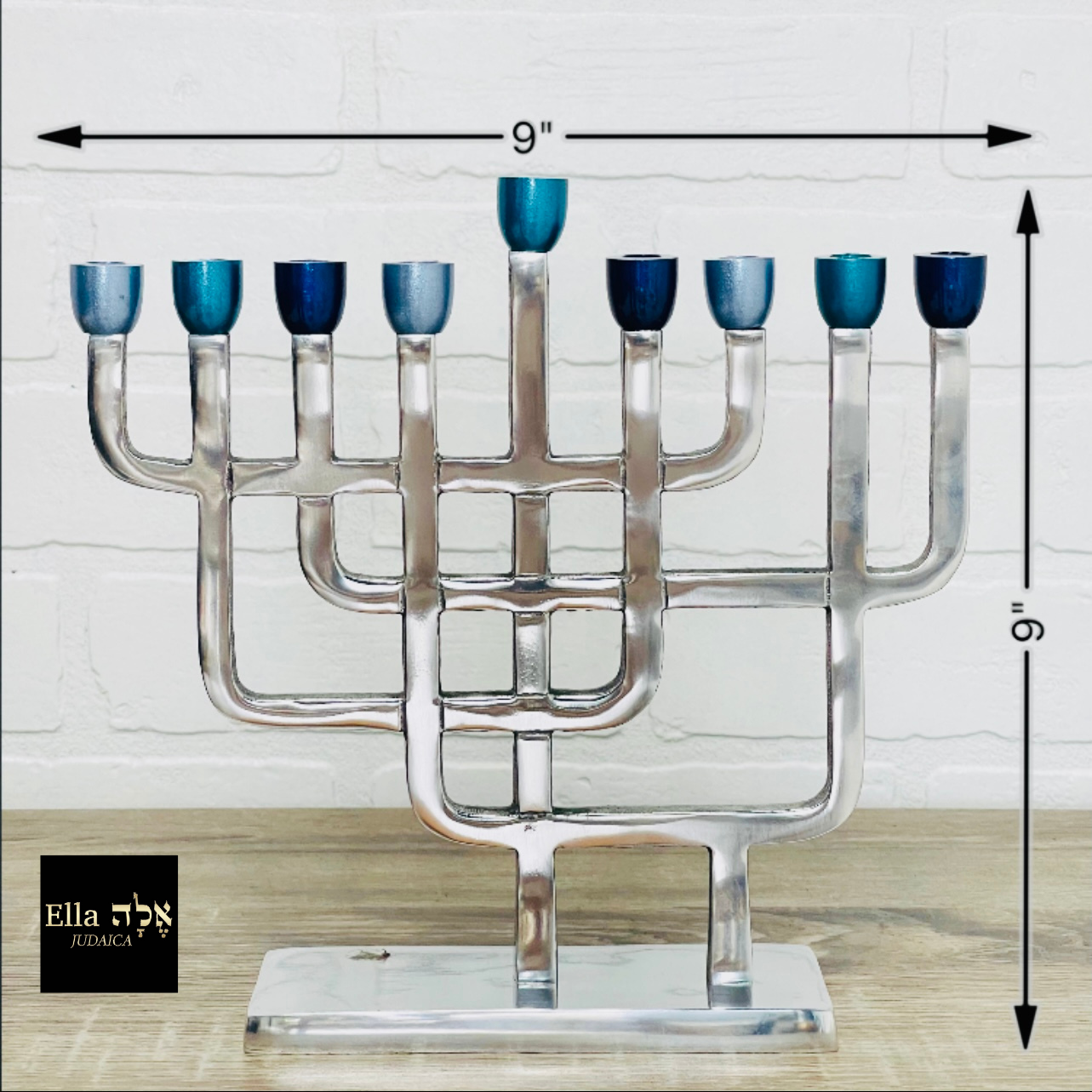 Stylish Asymmetric Menorah made of aluminum with nickel plating, featuring a modern design in silver and blue colors.