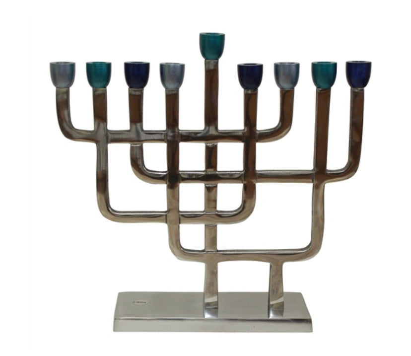 Stylish Asymmetric Menorah made of aluminum with nickel plating, featuring a modern design in silver and blue colors.