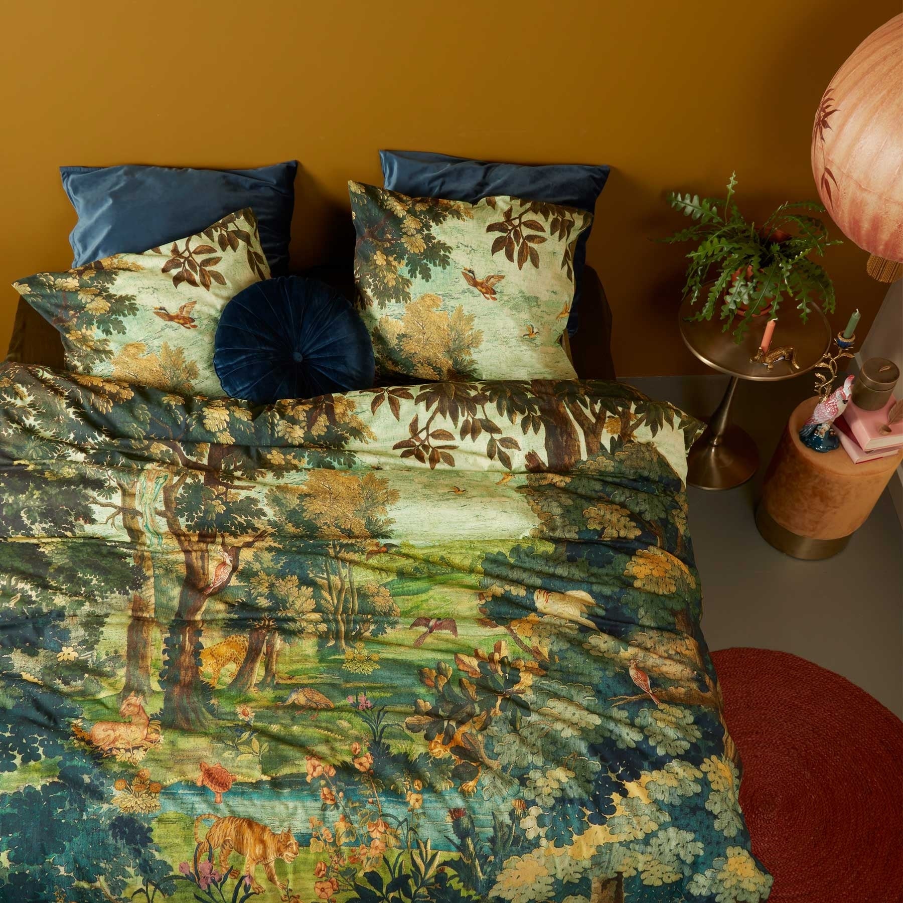 Idyllic Green Quilt Cover Set featuring botanical landscape print with animals, made from soft 100% cotton sateen fabric.