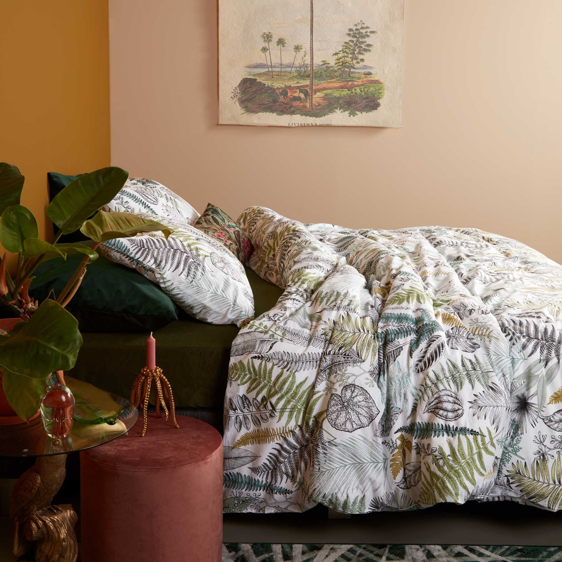 At Home Primeval Green Quilt Cover Set King featuring a botanical design in soothing colors of green, grey, and white, made from soft cotton sateen fabric.