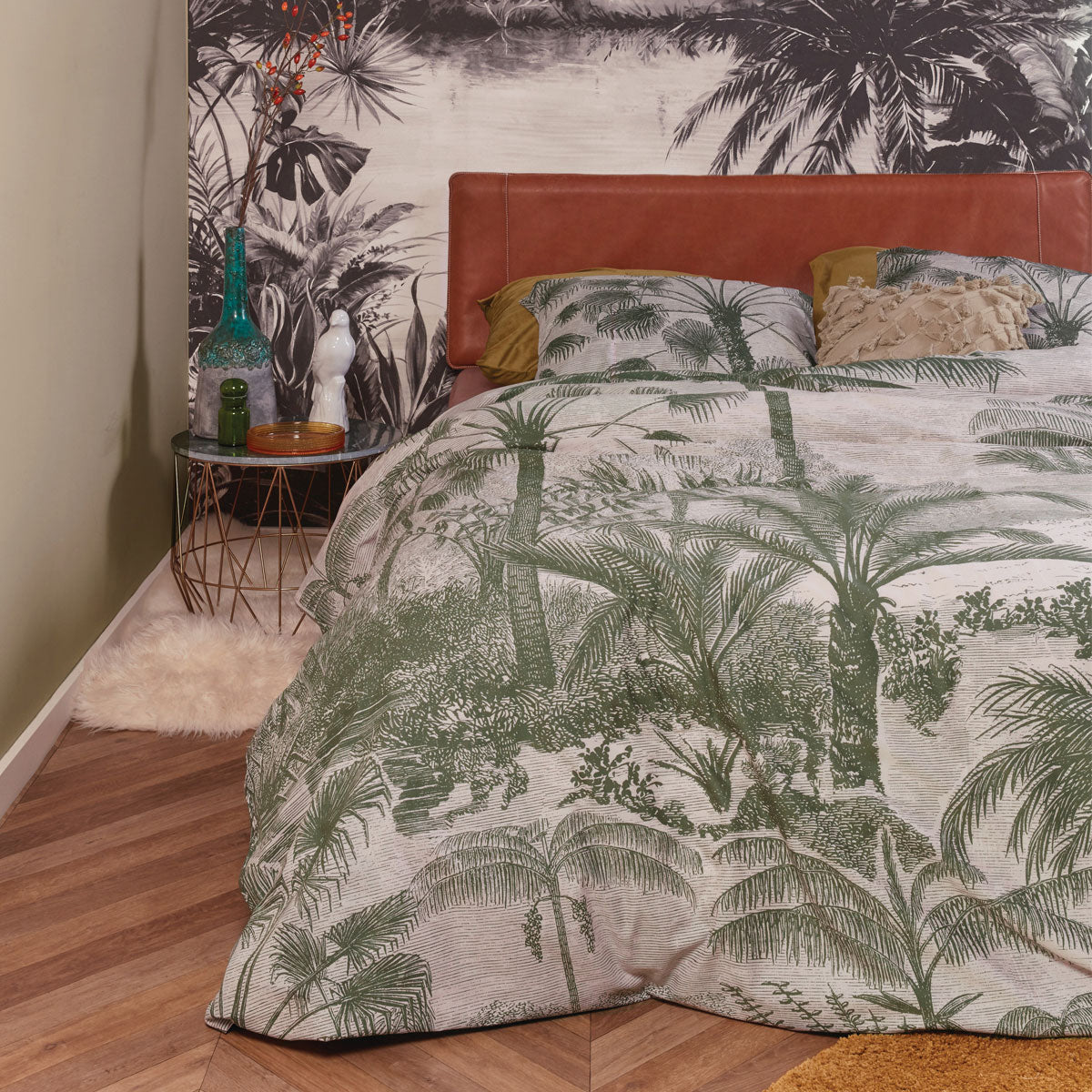 At Home Tour du Monde Sand Cotton Quilt Cover Set featuring palm trees design in natural and grey tones, perfect for stylish bedroom decor.