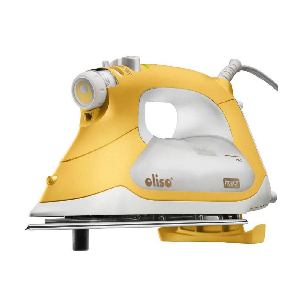 Oliso Pro Iron TG1100 with iTouch technology, featuring a yellow design and Australian plug, ideal for sewing and crafting.