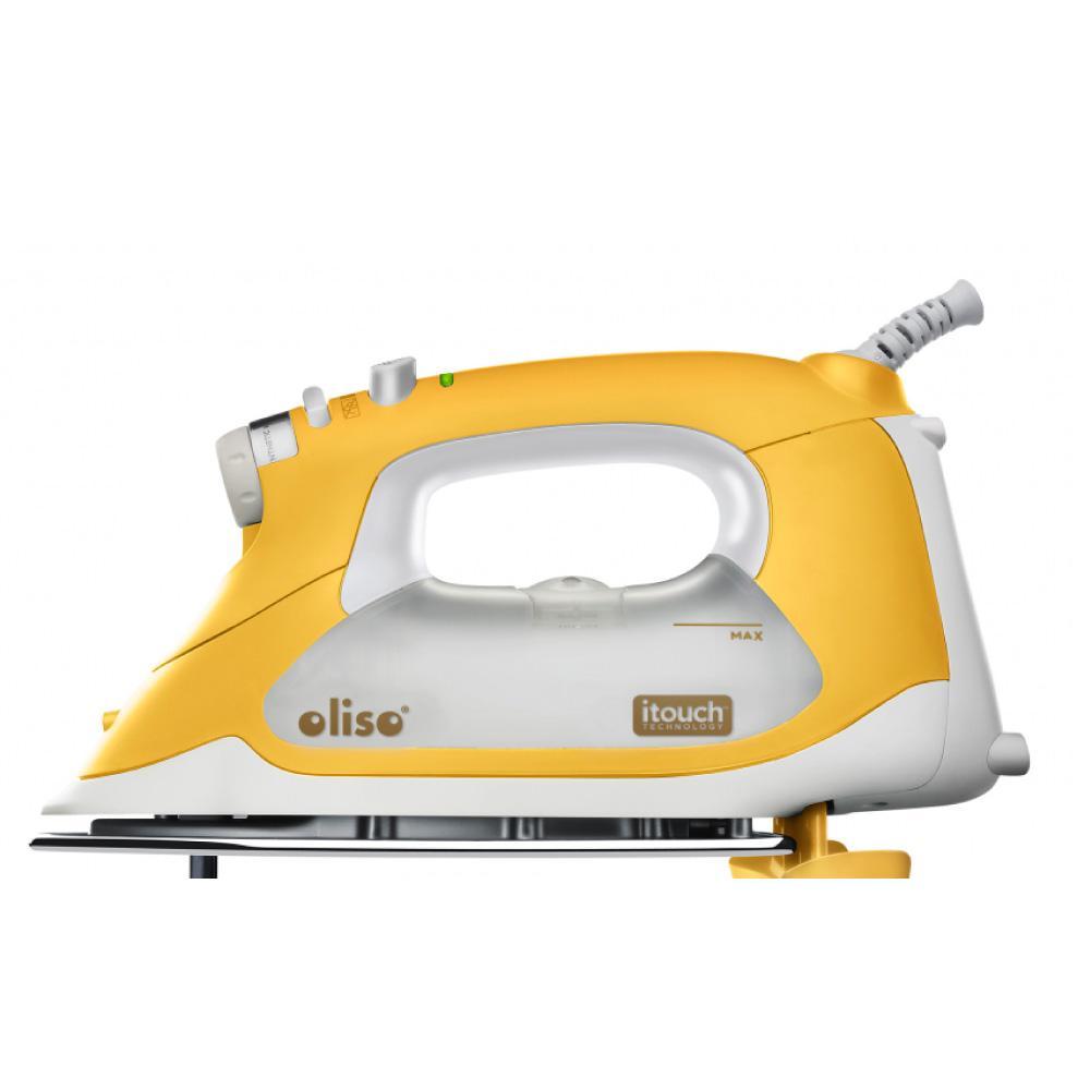 Oliso Pro Iron TG1100 with iTouch technology, featuring a yellow design and Australian plug, ideal for sewing and crafting.