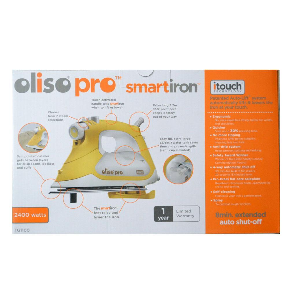 Oliso Pro Iron TG1100 with iTouch technology, featuring a yellow design and Australian plug, ideal for sewing and crafting.