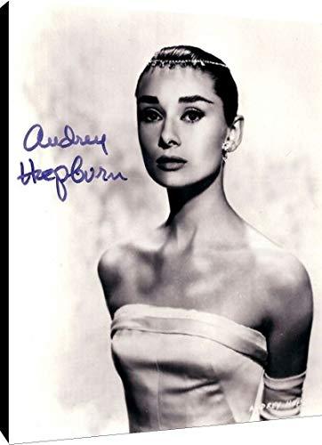 Audrey Hepburn autograph replica print on canvas, showcasing her iconic image and printed signature, perfect for wall decor.