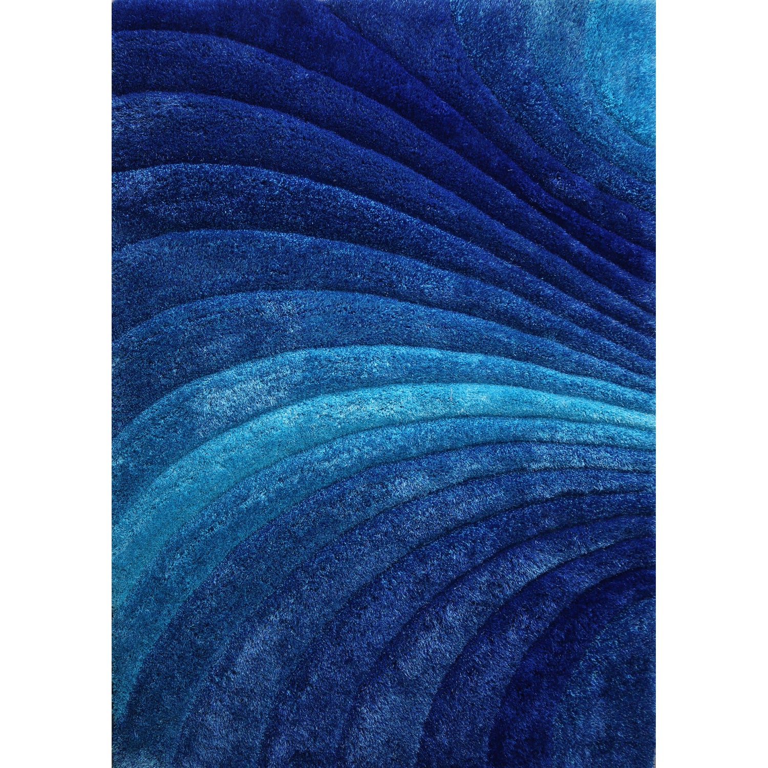 Aurora 3D Blue Shag Rug with modern wave design, showcasing vibrant blue colors and plush texture, perfect for any room.