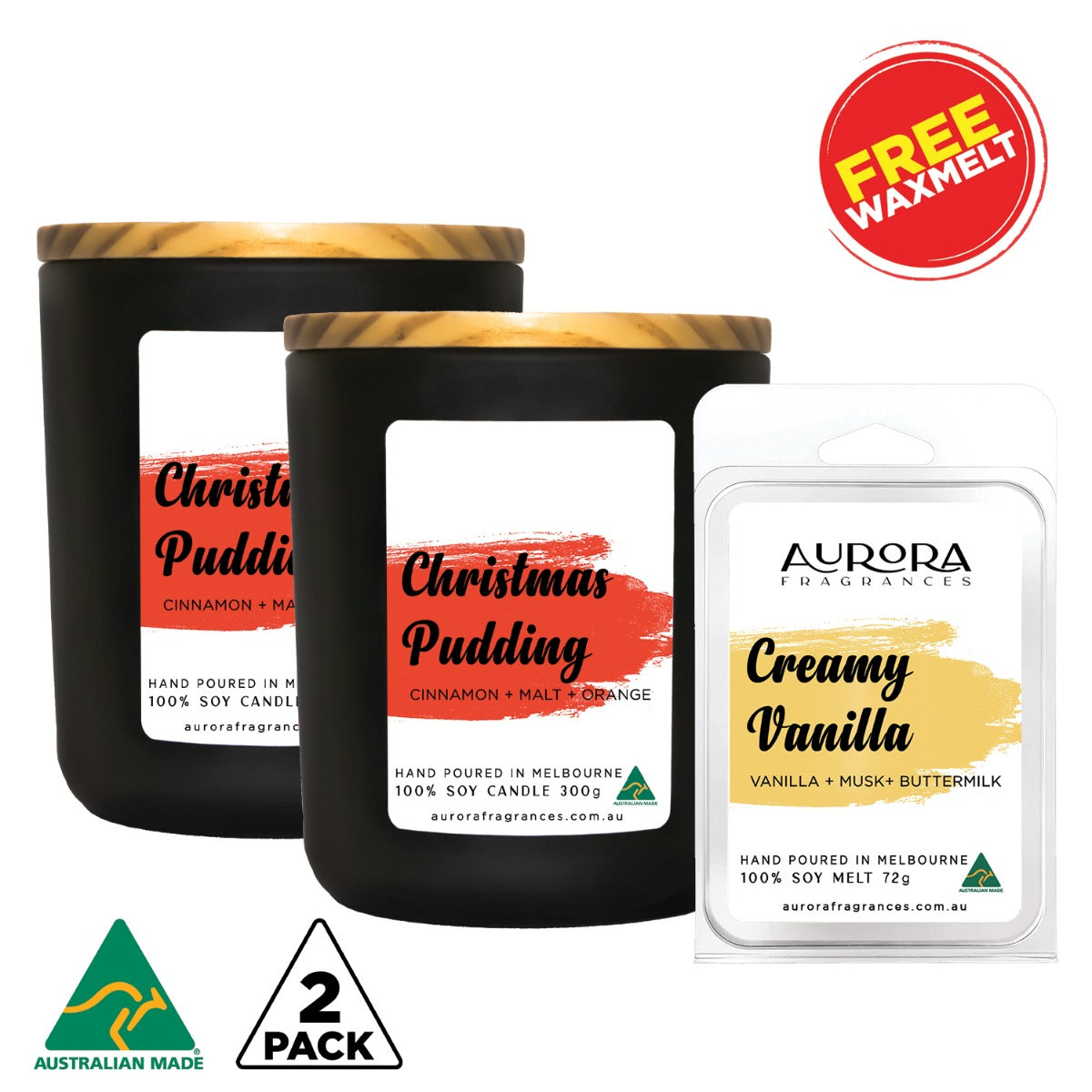 Aurora Christmas Pudding Scented Soy Candle in a matte black jar, showcasing its elegant design and festive appeal.