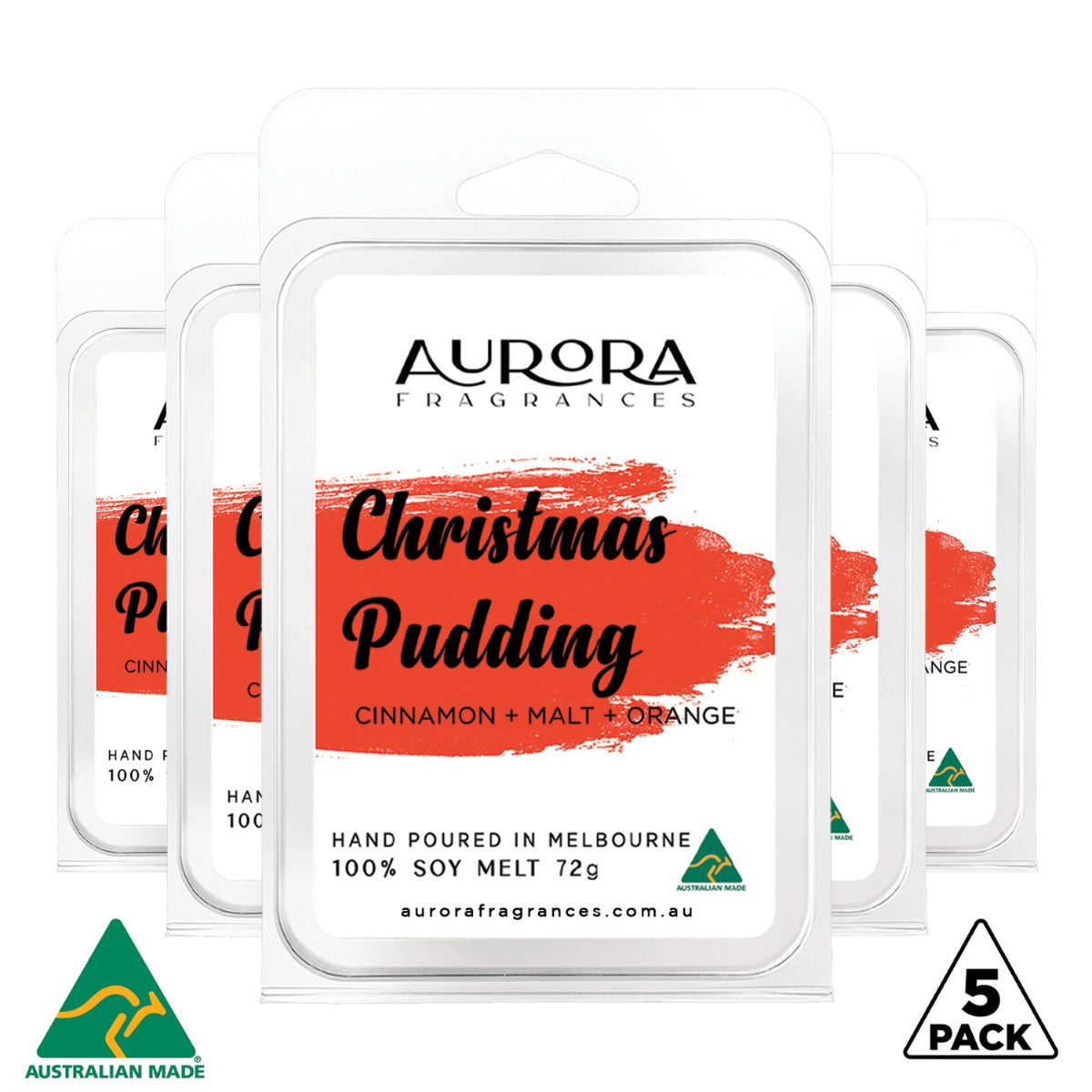 Aurora Christmas Pudding Soy Wax Melts pack of 5, featuring festive packaging and soy wax cubes.