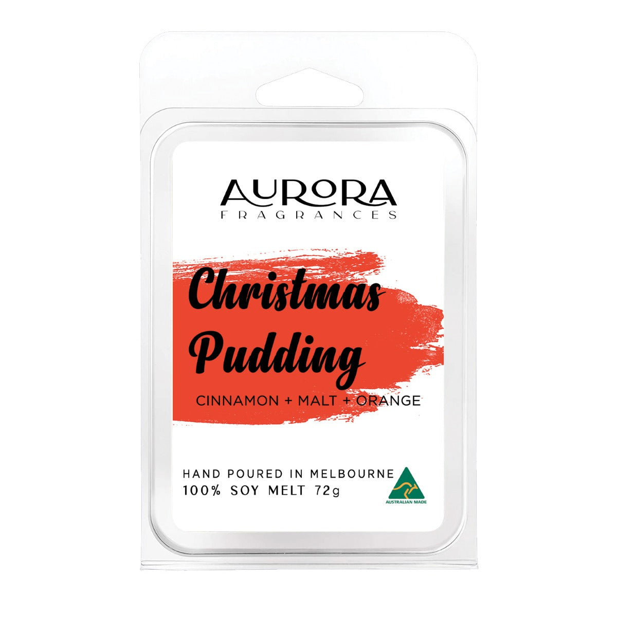 Aurora Christmas Pudding Soy Wax Melts pack of 5, featuring festive packaging and soy wax cubes.