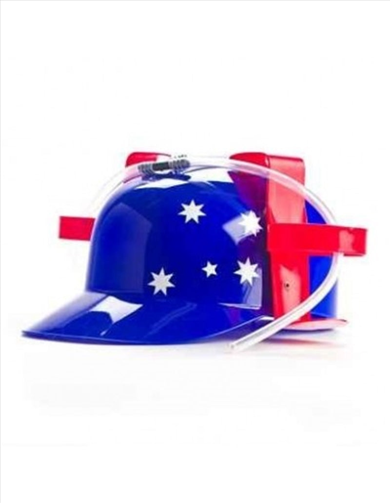 Aussie Drinking Hat featuring the Australian flag, designed to hold two drinks with straws for easy sipping.