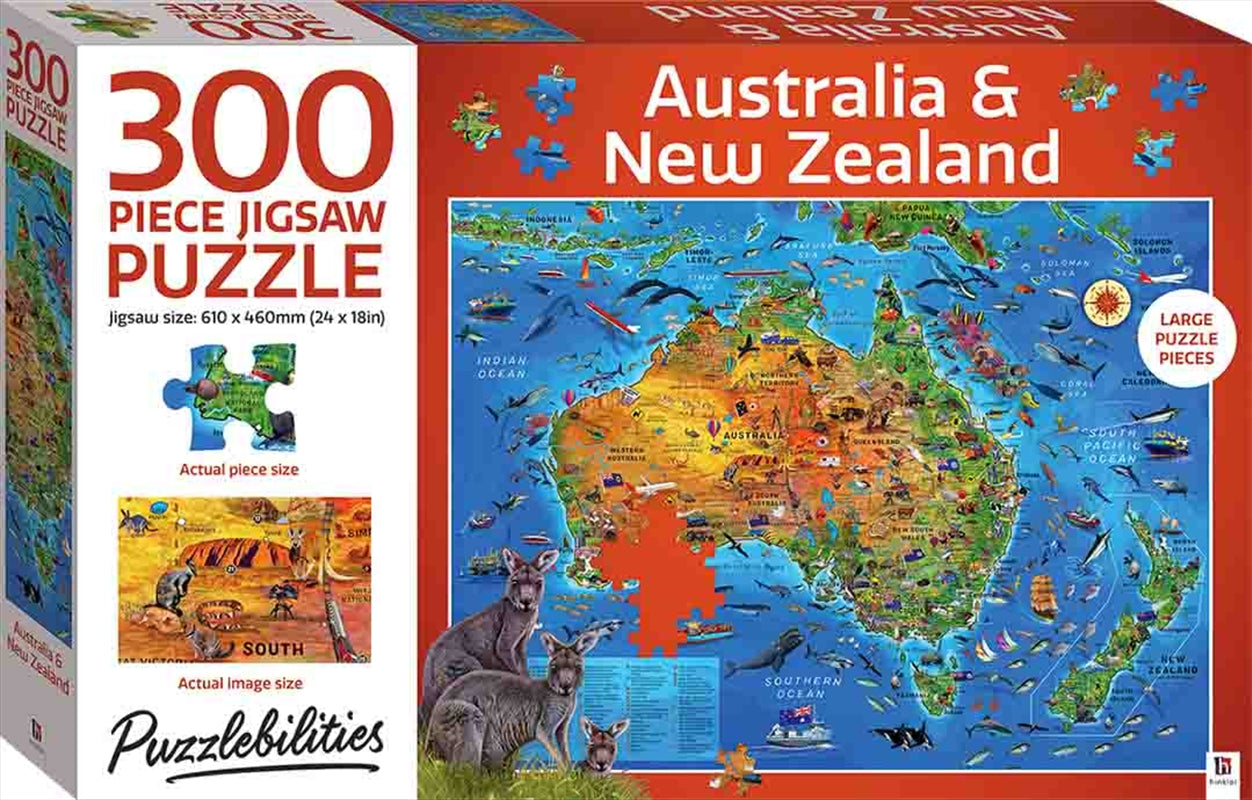 A colorful 300-piece puzzle featuring iconic landscapes of Australia and New Zealand, showcasing vibrant colors and intricate details.