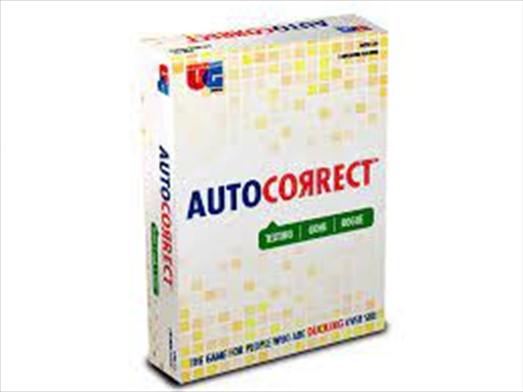 A colorful box of the Autocorrect party game featuring playful graphics and text, showcasing its fun and engaging nature.