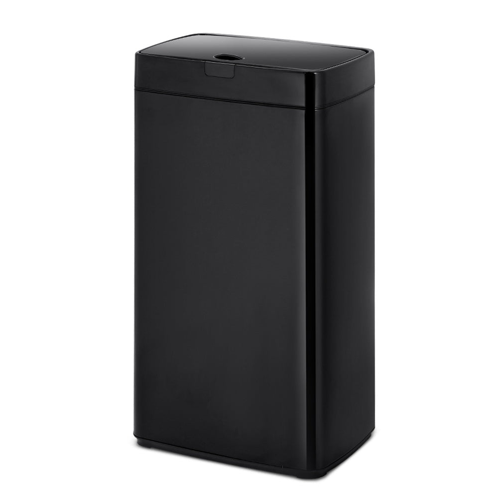 A sleek black 45L automatic motion sensor kitchen rubbish bin made of fingerprint-resistant steel, showcasing its modern design and hands-free functionality.